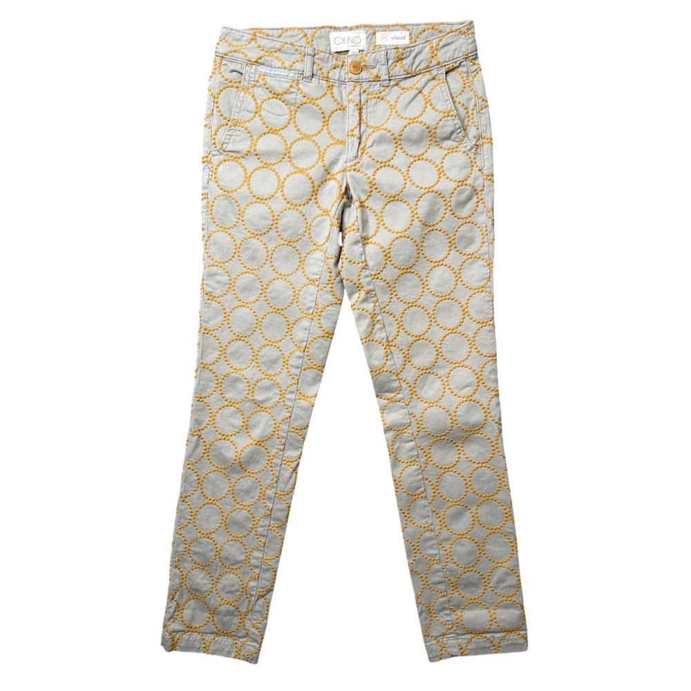 Anthropologie Chino Pants Womens 24P Relaxed Grey Yellow Embroidered Circle